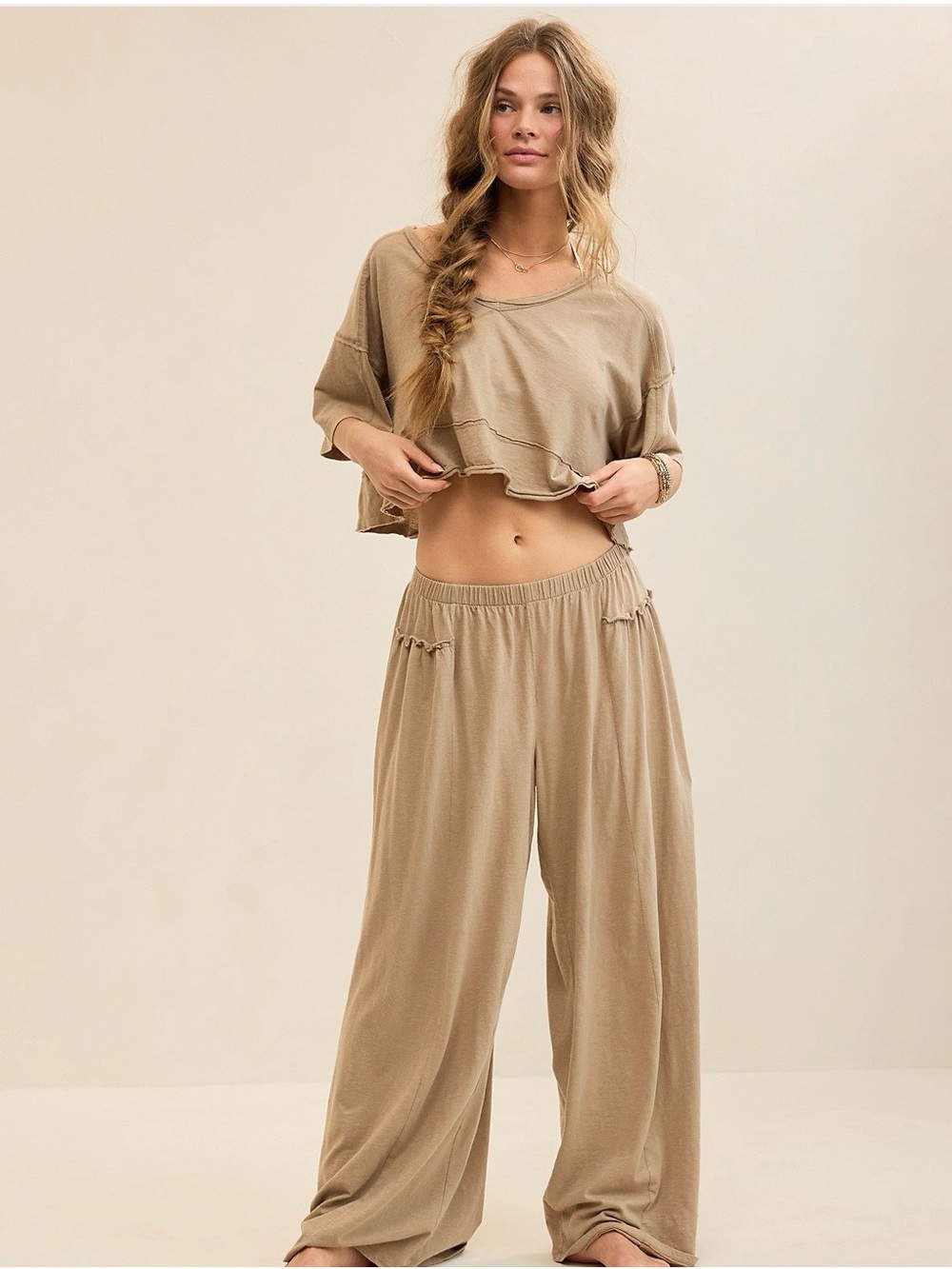 Aerie Happiest Wide Leg Pant in Toasted Almond